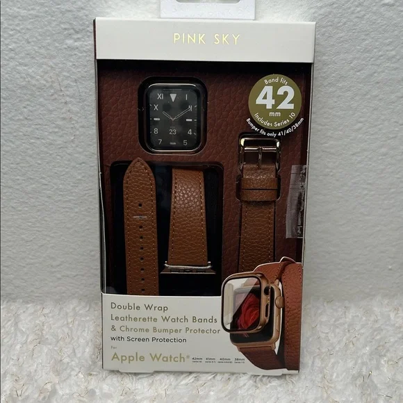 Pink Sky Brown Double Wrap Leatherette Band & Bumper for Apple Watch 38-42mm‎