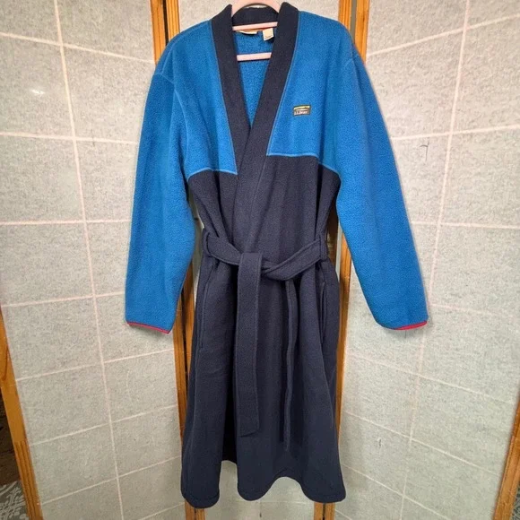LL Bean Fleece Robe Men Large Blue Colorblock Belted Loungewear