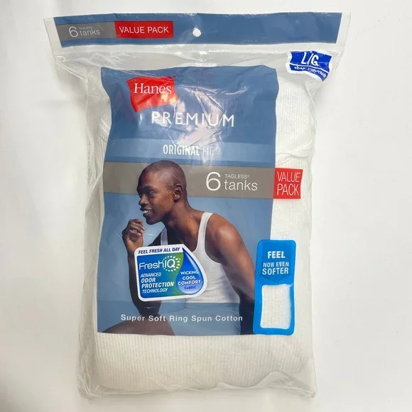Hanes Premium Men 6 Pack White Tagless Tank Tops Original Fit Ring Spun Cotton L