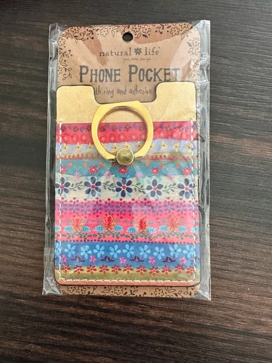 NATURAL LIFE Striped Floral Phone Pocket with Gold Ring - Multicolor