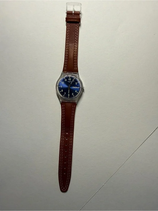 Swatch Blue Face with Brown Strap