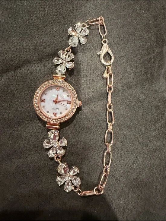 Rose Gold Floral Crystal Bracelet Watch for Women