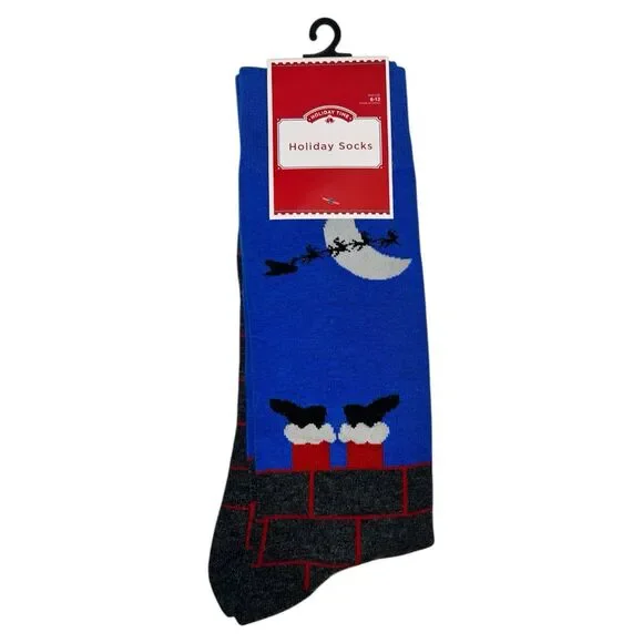 Holiday Time Santa In Chimney Socks Size 6-12 Men’s Crew