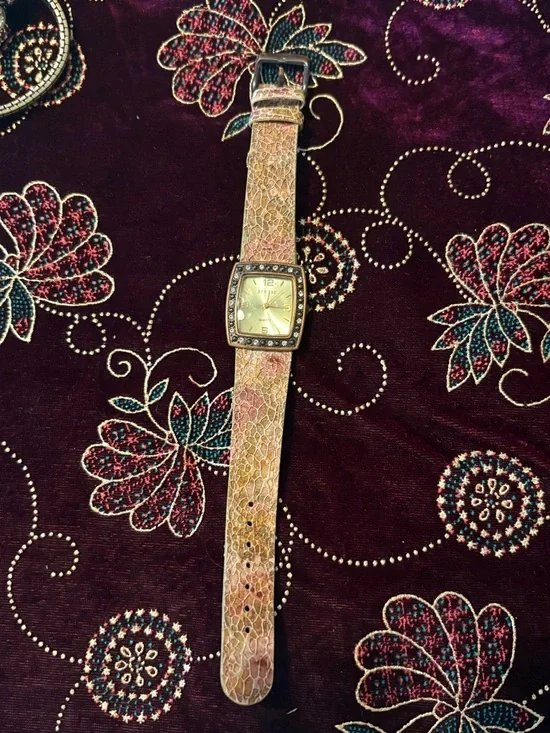 Vintage Decade Crystal Square Face Watch w/Multicolor Textured Strap