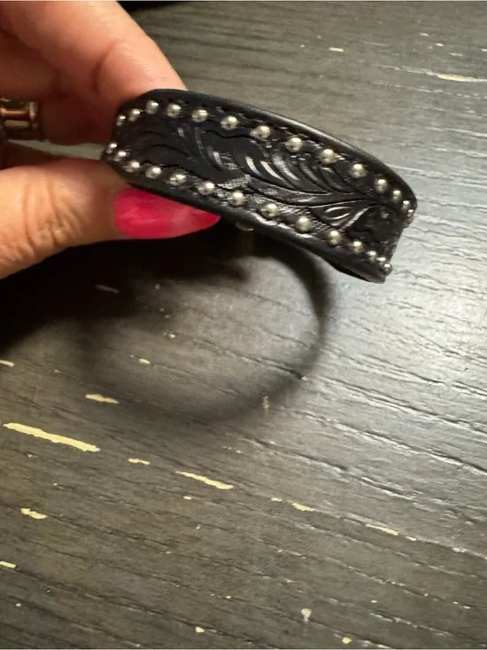 Brighton Leather Embossed Cuff Bracelet with Stud Detail - Black