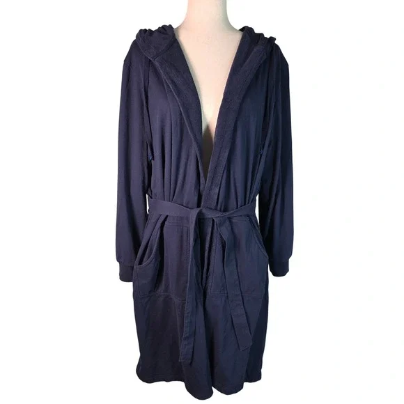 DudeRobe Mens Hooded Bathrobe Navy Blue Towel Lined Jersey Knit Size S/M