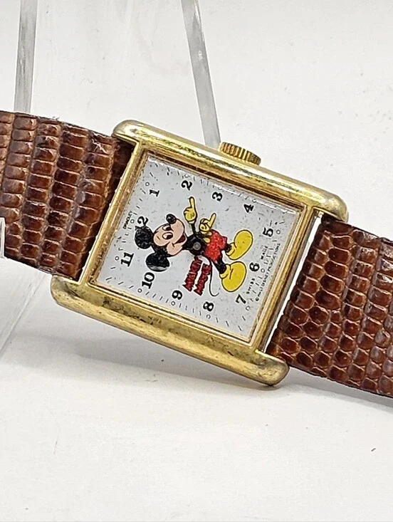 Rare Bradley Mickey Mouse Gold Rectangular 015S Swiss Made Wristwatch Running