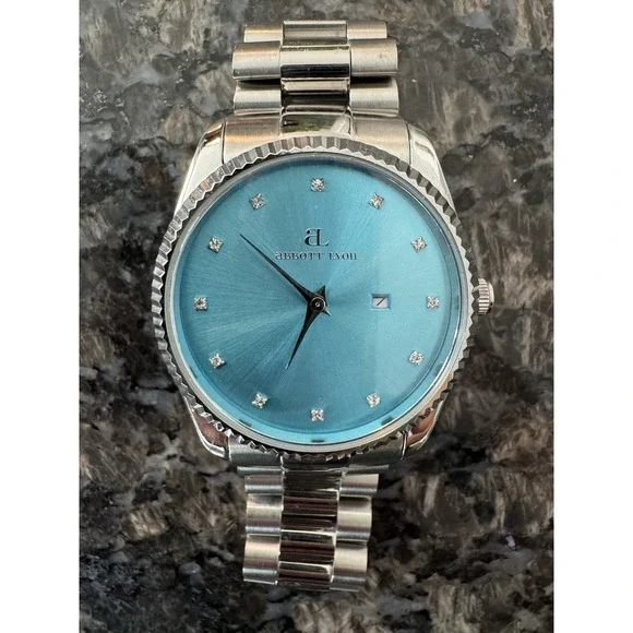 Abbott Lyon Stellar 40mm Watch Silver Turquoise Blue Dial Crystal Markers Date