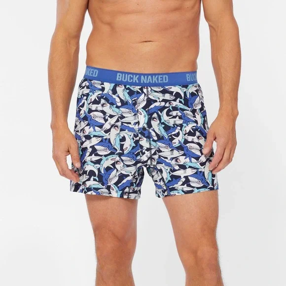 Duluth Trading Co Buck Naked Boxer Briefs Mens Blue Shark Print Performance Mesh
