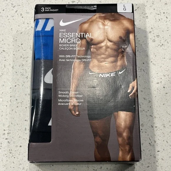 Nike Essential Micro Boxer Briefs 3 Pack Mens Dri-FIT Blue Gray Black SZ L NEW