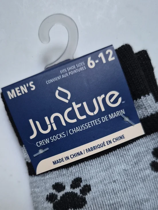 Juncture Mens Socks Pawprints Grey And Black Shoe Size 6-12