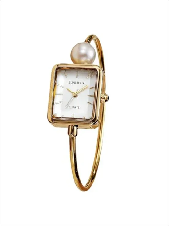 Pearl Bangle Watch for Women, Gold Square Dial Easy Read Cuff Watch, Quartz