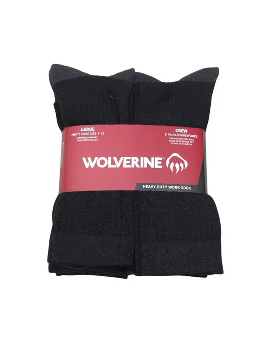 Wolverine Mens 8 Pairs Crew Heavy Duty Work Socks Large Shoe Size 7-12 Black