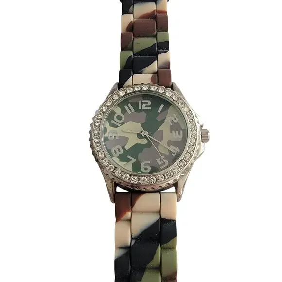 Geneva Womens Watch Green Dial 34mm Silver Case Multicolor Silicone Band
