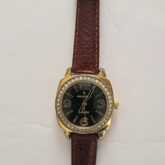 Peugeot Womens Watch 28mm Black Dial Gold Case Brown Leather Strap Dress Quartz
