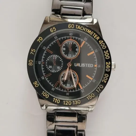 Unlisted Mens Watch Black Dial Silver Case Stainless Steel Bracelet Chronograph