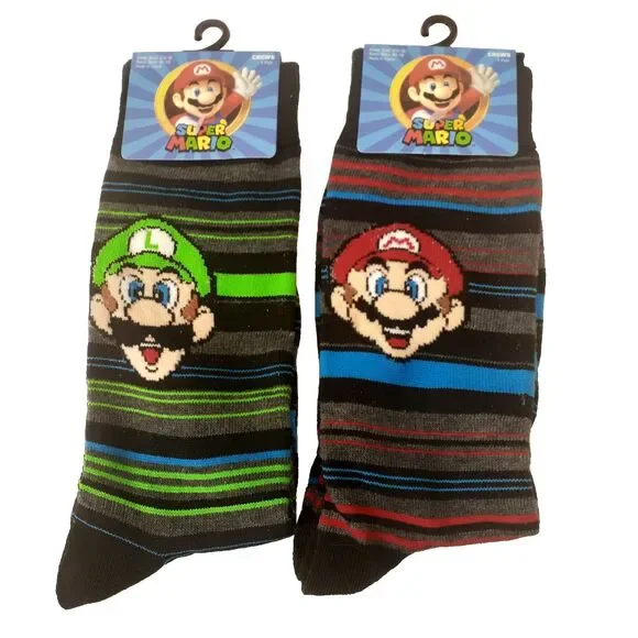 Nintendo Super Mario Luigi Mens 2 Pair Multicolor Striped Crew Socks Sz 6-12 NWT
