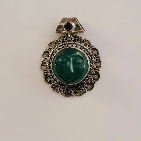 Womens Watch Green Dial Sterling Silver Case Filigree Carved Face Amethyst Bail