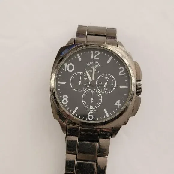 Beverly Hills Polo Club Mens Watch 44mm Black Dial Silver Stainless Bracelet