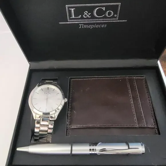 L & Co. Mens Watch Silver Dial Silver Case Stainless Steel Bracelet Gift Set