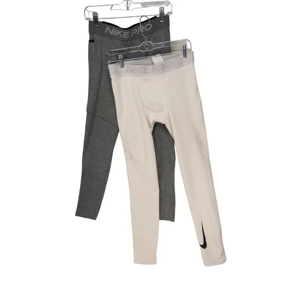 Nike Pro Running Tights Mens Size L Lot of 2 White Grey Swoosh Athletic Active