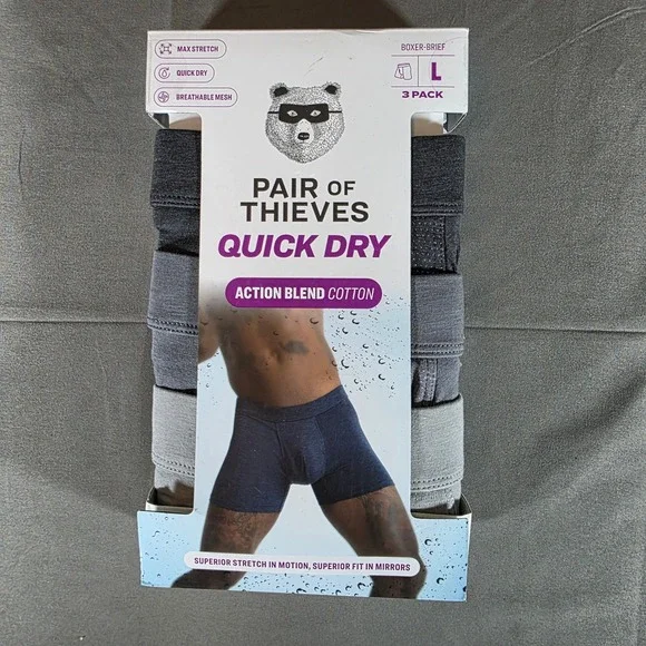Pair of Thieves Men Quick Dry Boxer Briefs 3 Pack Grey Action Blend Cotton Large