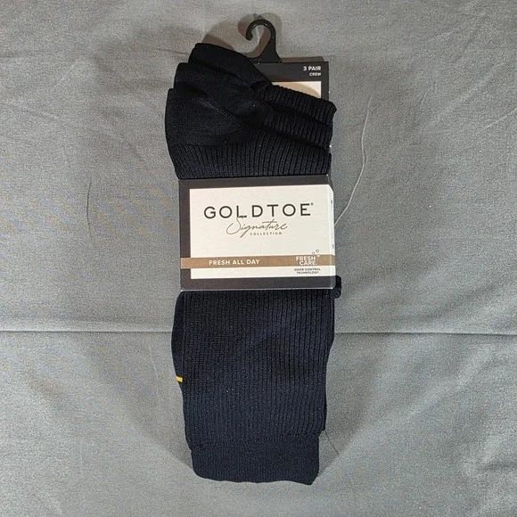 Goldtoe Signature Collection Mens Black Crew Socks 3 Pair Pack AM274 Size 6-12.5