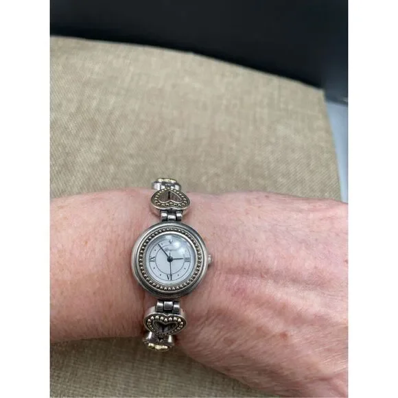 Brighton Vintage Silver Heart Charm Bracelet Watch Adjustable Toggle Working