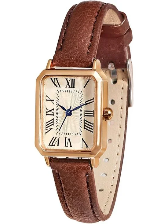 Elegant Vintage Leather Strap Watch for Women - Dainty Quartz Rectangle Wrist
