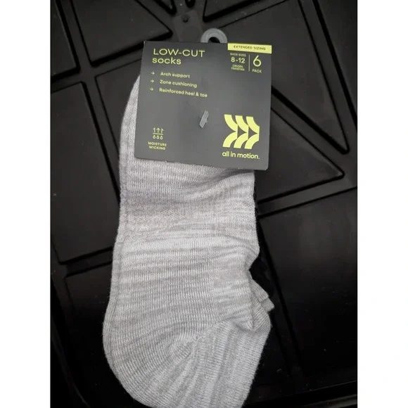 All in Motion Low Cut Socks 6 PK Mens 8-12 Grey Black Moisture Wicking Athletic