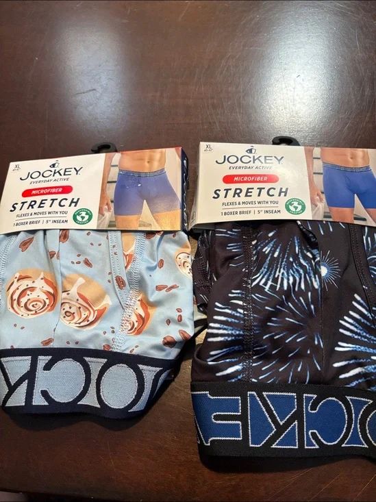 Jockey 2 Pair Stretch Boxer Briefs Blue Cinnamon Rolls & Fireworks NWT