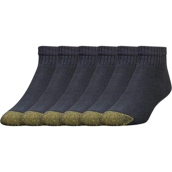 6-Pairs GOLDTOE Men's Athletic Socks LARGE 656P Black Cotton Quarter Length