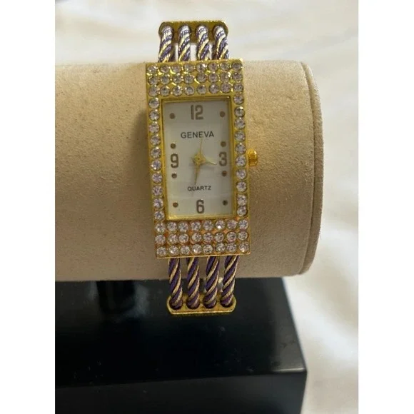 Vintage Y2K Geneva Cable Cuff Bangle Watch Rhinestone Bezel Gold Silver Tone