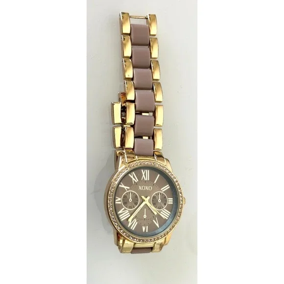 XOXO Women's Watch XO5873AZ Gold Tone Rhinestone Bezel Pink Link Band Accutime