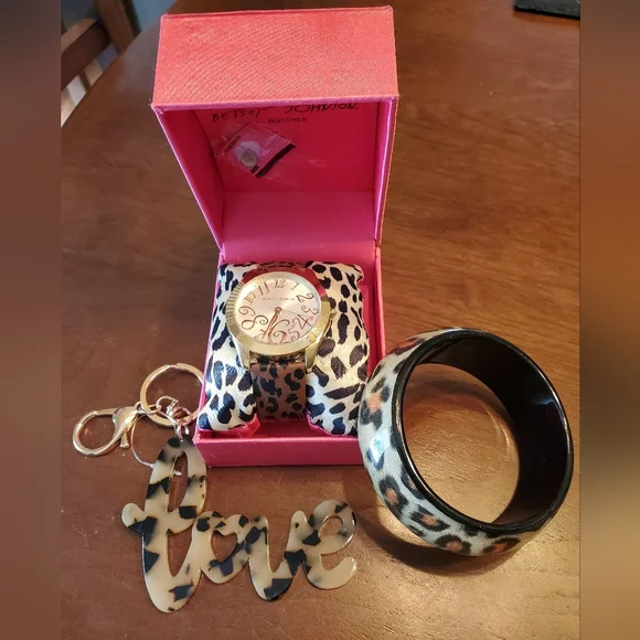 Betsey Johnson Gold Tone & Leopard Band Watch