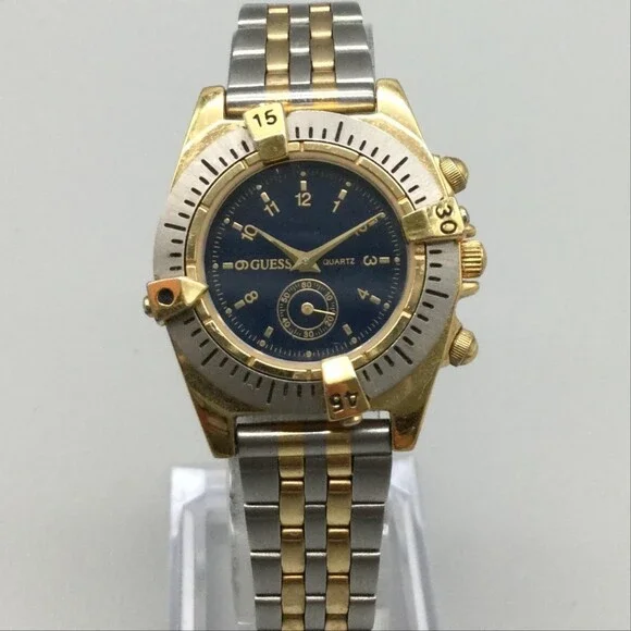 Vintage Guess Womens Watch 28mm Blue Dial Two Tone 1994 New Battery 6.75