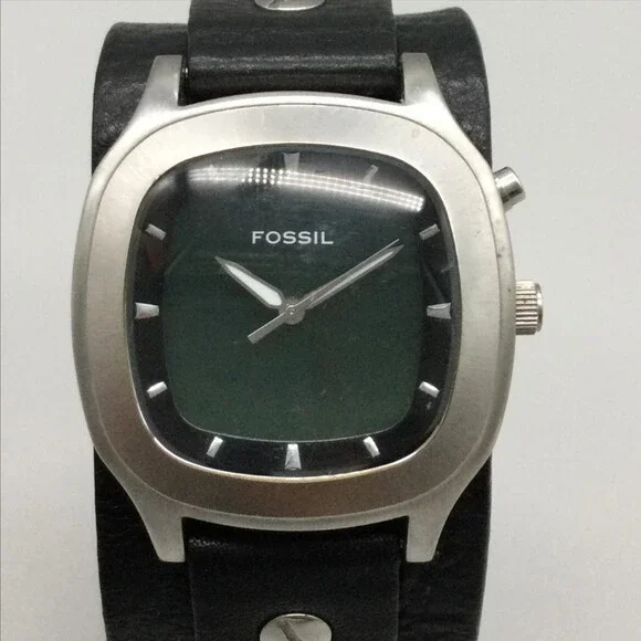 Fossil Big Tic Mens Watch 39mm Green Blue Dial Steel Black Leather New Battery