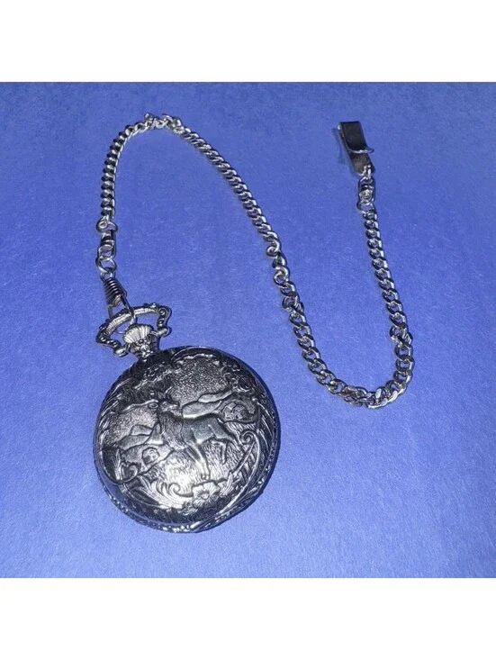 Vtg Hunter Quartz Pocket Watch Embossed Stag Elk Design Silver Tone Chain Japan