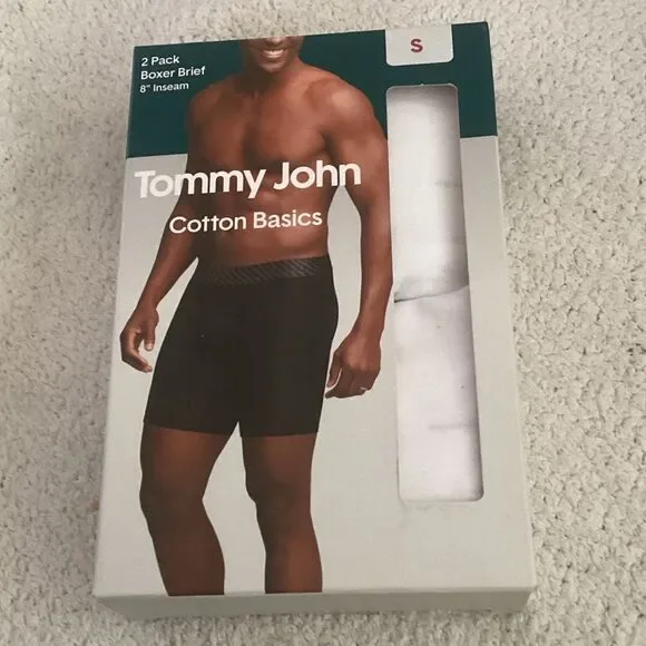 Tommy John Cotton Basics 2 pack Boxer Briefs, 8” inseam, WHITE, Size Small, NWT