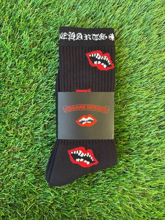 Chrome Hearts Black Crew Socks with Red Lip Motif