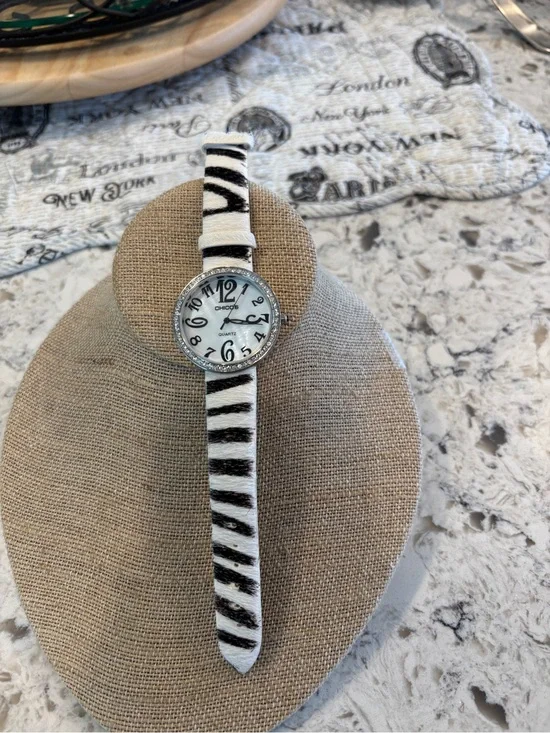 Chico's Zebra Stripe Leather Strap Watch in Black and White