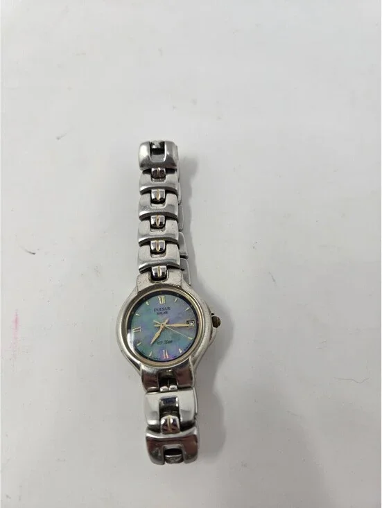 Vintage Pulsar Solar Ladies Watch – Silver Tone Link Bracelet, Blue Purple