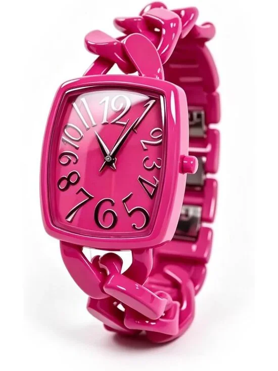 Women's Fushia Metal Chain Bracelet Small Wrist Square Face Analog Stylish Watch