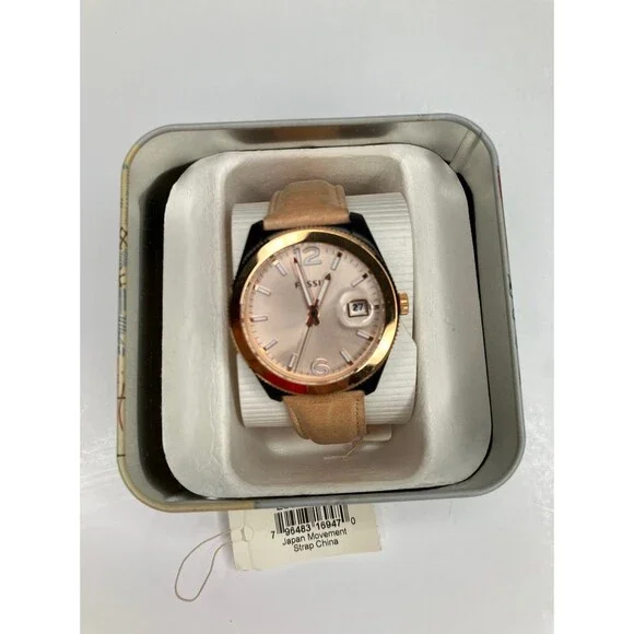 Fossil ES3777 Women Beige Leather Analog Champagne Dial Watch Needs Battery