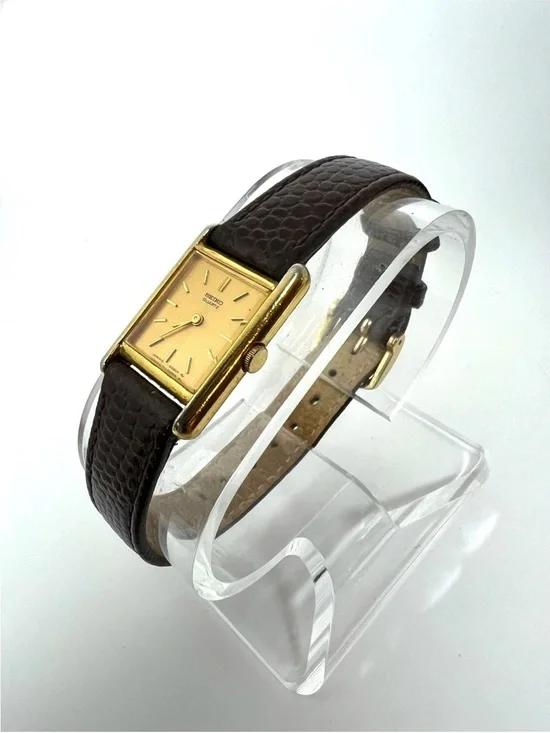 Seiko Gold Tone Rectangular Watch with Dark Brown Leather Strap