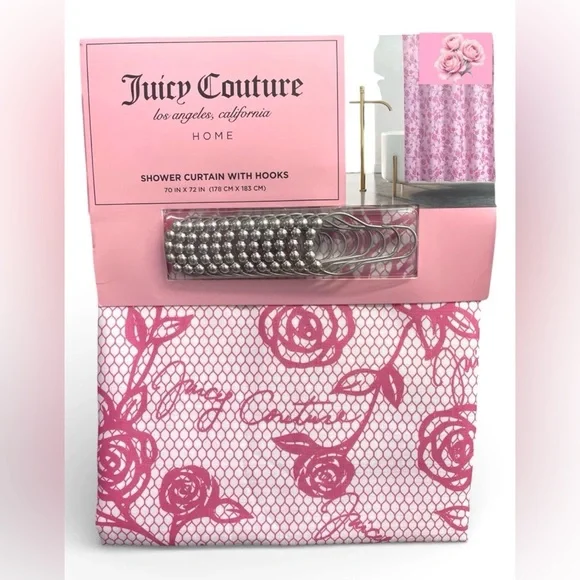 13-pc Juicy Couture Pink White Lacey Roses Shower Curtain 70x72 Hooks JC NEW NWT