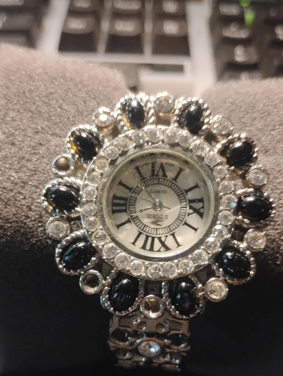Antique Black and Silver Crystal-Embellished Women's Watch