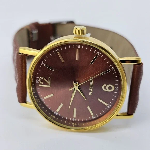 Minimalist Women Watch 37MM‎ Gold Case Brown Dial Faux Leather Bands New Battery