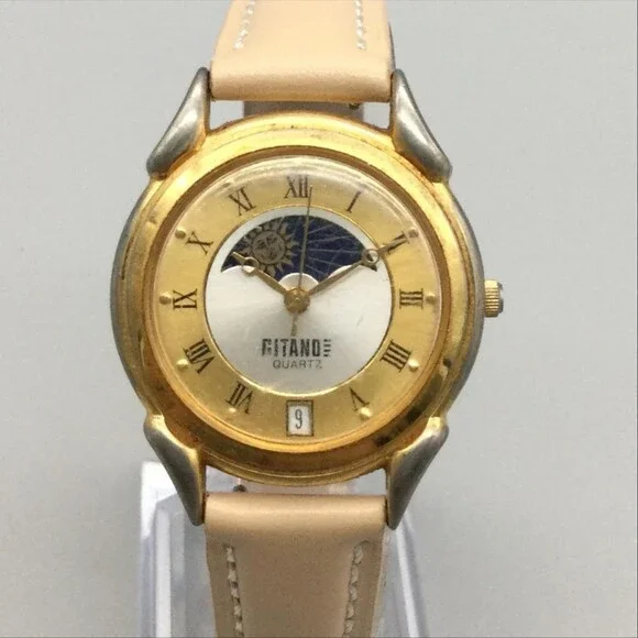 Vintage Gitano Womens Watch 33mm Gold Tone Leather Date Day Night New Battery