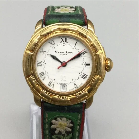 Michel Jordi 1991 Womens Watch 33mm Gold Tone Green Floral Strap New Battery